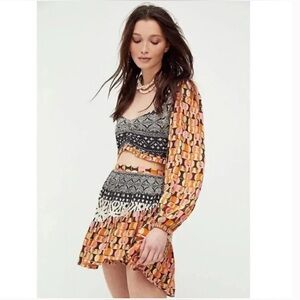 Free People Naomi Printed Set Long Sleeve Ruffle Skirt / Size L
